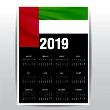 Calendar 2019 UAE Flag background. English language Stock Illustration