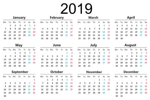Calendar 2019. Vector illustration. Flat design. Isolated on White Background Illustrazione stock