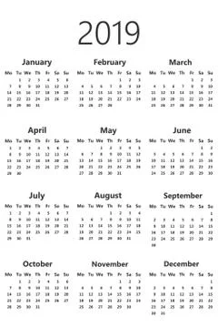 Calendar 2019. Vector illustration. Flat design. Isolated on White Background Stock Illustration