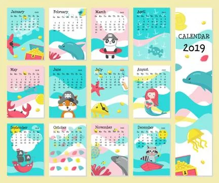 Calendar 2019 vector template with pirate animals Stock Illustration