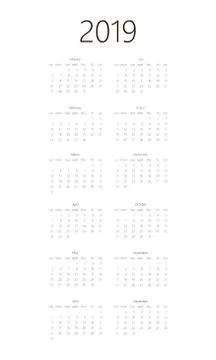 Calendar 2019 On White Background. Week Starts Sunday. Simple Vector Template Stock Illustration