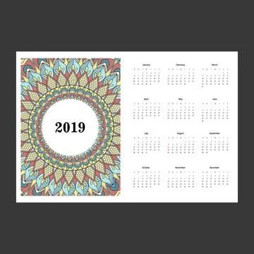 Calendar for 2019 year Set of 12 pages.minimal mandala style 2019 calendar .. Stock Illustration