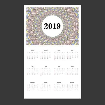 Calendar for 2019 year Set of 12 pages.minimal mandala style 2019 calendar .. Stock Illustration