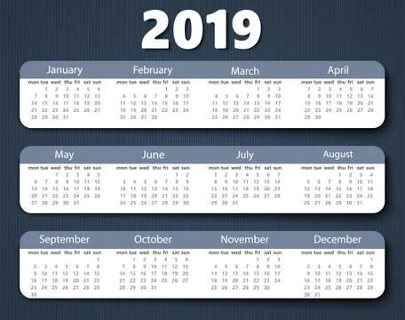 Calendar 2019 year vector design template. Week starting on Monday Stock Illustration