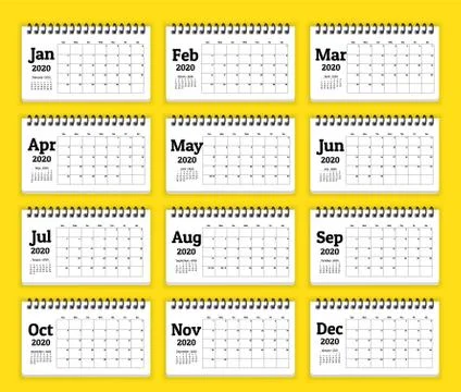 Calendar 2020 planner template.  Set of 12 Months. Week starts from sunday. V Stock Illustration