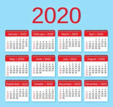 Calendar 2020 planner template.  Set of 12 Months. Week starts from sunday. V Stock Illustration