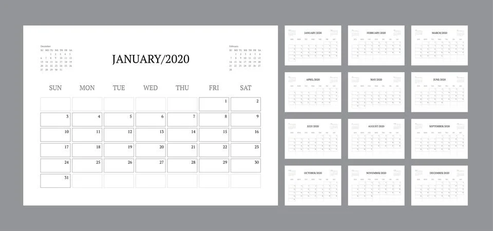 Calendar 2020 template planner vector diary in a minimalist style Stock Illustration