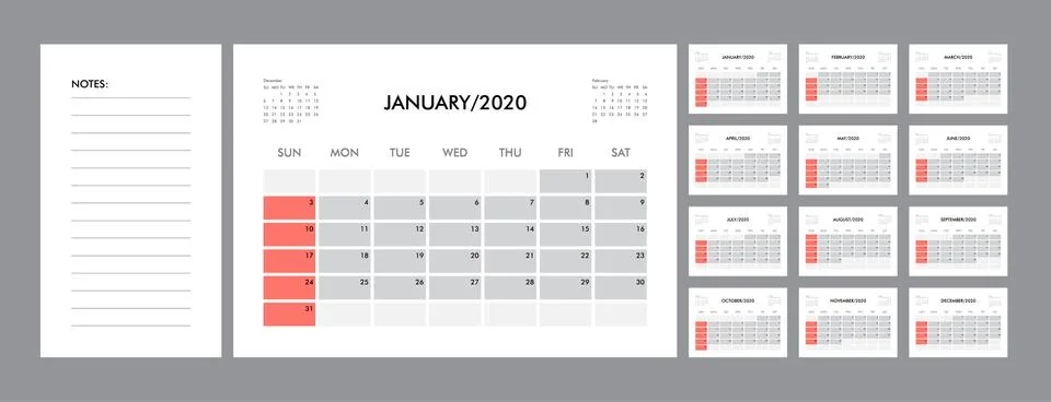 Calendar 2020 template planner vector diary in a minimalist style Stock Illustration