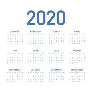 Calendar 2020 vector basic grid. Simple design template. Vector illustration. Stockillustratie