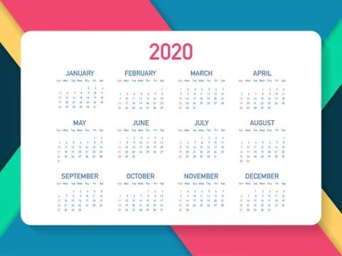 Calendar 2020 vector basic grid. Simple design template. Vector illustration. Illustrazione stock
