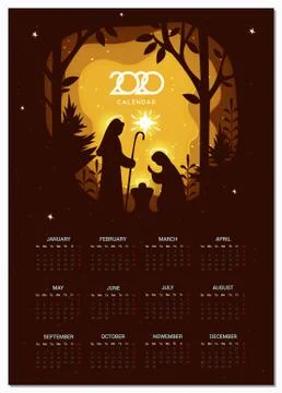 Calendar 2020 vector basic grid. Birth of Christ. Traditional Christian Chris Illustrazione stock
