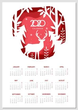Calendar 2020 vector basic grid. Deer in forest  in the winter season. Winter Stock Illustration