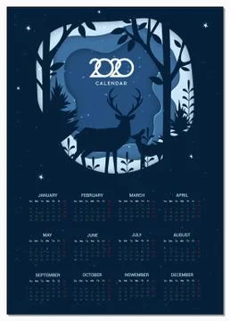 Calendar 2020 vector basic grid. Deer in forest  in the winter season. Winter Stock Illustration