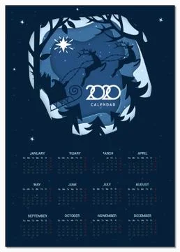 Calendar 2020 vector basic grid. Santa with deer in forest  in the winter sea Stock Illustration