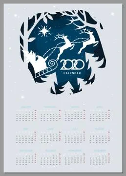 Calendar 2020 vector basic grid. Santa with deer in forest  in the winter sea Stock Illustration