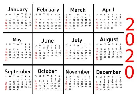 Calendar for 2020 vector illustration Stock Illustration