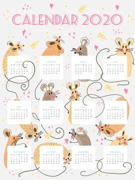 Calendar 2020 vector. Monthly creative calendar 2020 cute hand drawn rat. Con Stock Illustration