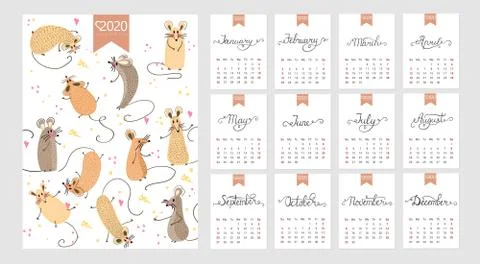 Calendar 2020 vector. Monthly creative calendar 2020 cute hand drawn rat. Con Stock Illustration
