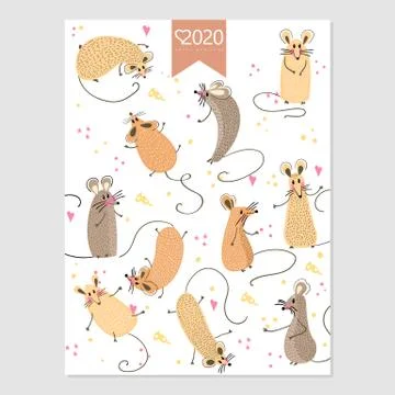 Calendar 2020 vector. Monthly creative calendar 2020 cute hand drawn rat. Con Stock Illustration