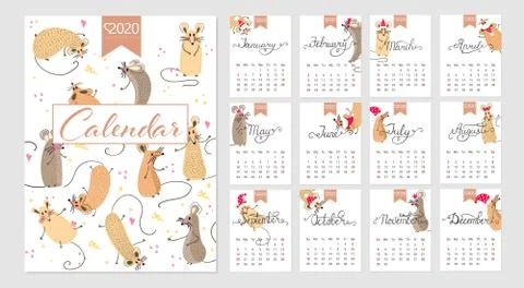 Calendar 2020 vector. Monthly creative calendar 2020 cute hand drawn rat. Con Stock Illustration