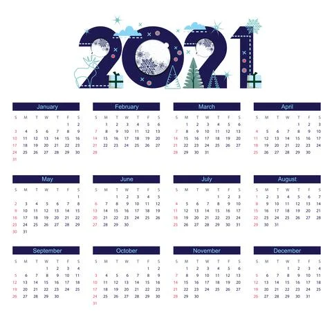 Calendar for 2021. Large text caption 2021 in flat design style with stylized Stock Illustration