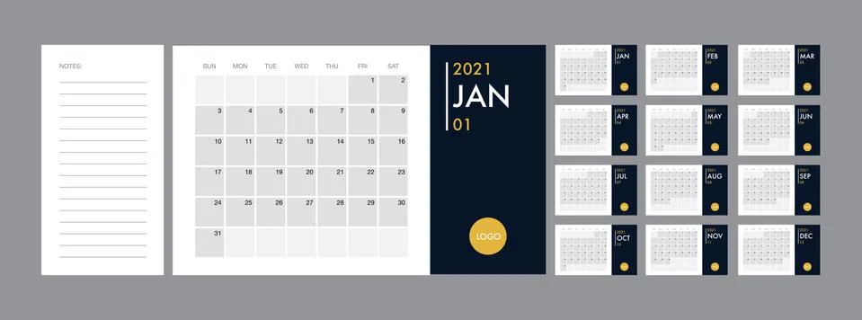 Calendar 2021 template planner vector diary in a minimalist style Stock Illustration