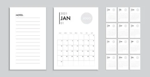 Calendar 2021 template planner vector diary in a minimalist style Stock Illustration