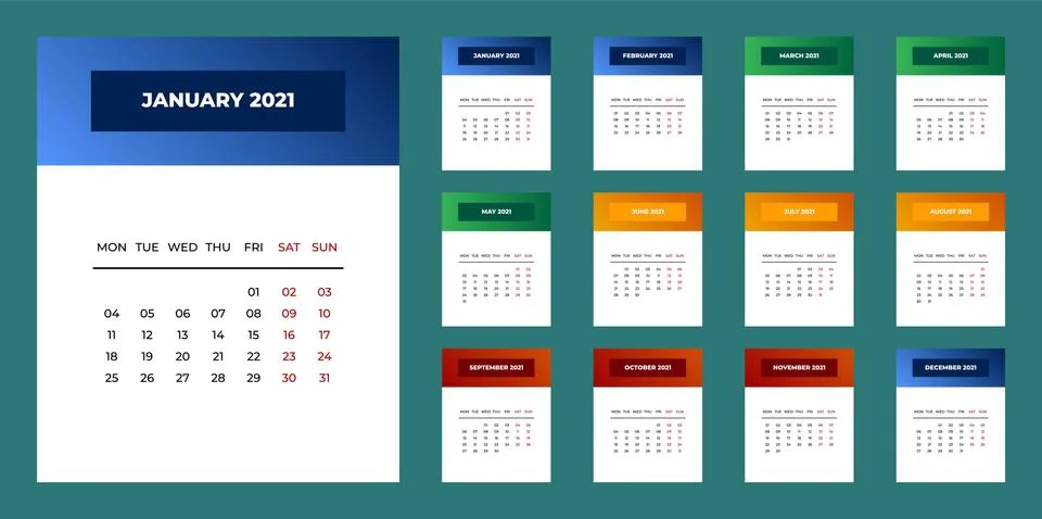 Calendar 2021 template planner Vector new year calender in clean minimal table Stock Illustration
