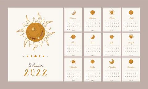 Calendar 2022 with boho celestial elements. Abstract aesthetic vector イラスト素材