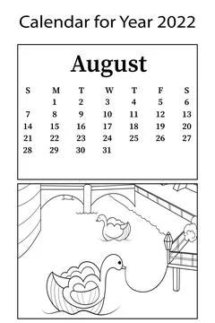 Calendar for 2022. Month of August. Vector coloring book. Amusement park, water Stock Illustration
