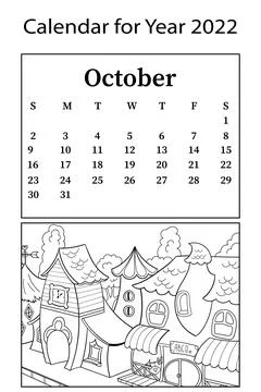 Calendar for 2022. Month of October. Vector coloring book. Children houses for Stock Illustration