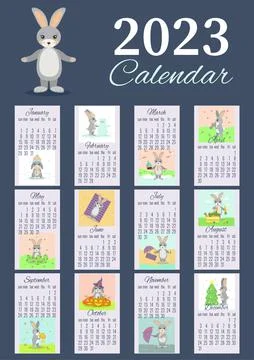 Calendar for 2023 with a colored rabbit Stock Illustration