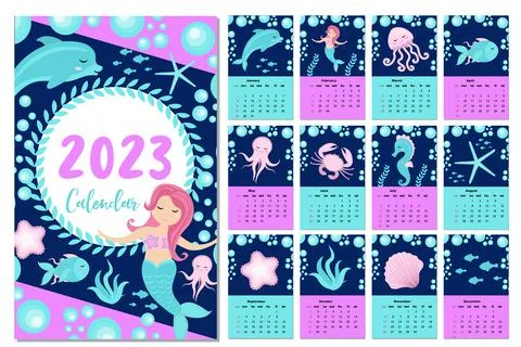 Calendar 2023 Cute set Little mermaid and underwater world. Vector illustration. Stock Illustration