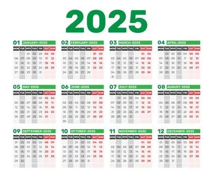 Calendar 2025 - Simple Layout Illustration. Week starts on Sunday. Stock Illustration