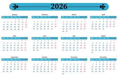 Calendar 2026. Vector illustration. Simple template. Stock Illustration