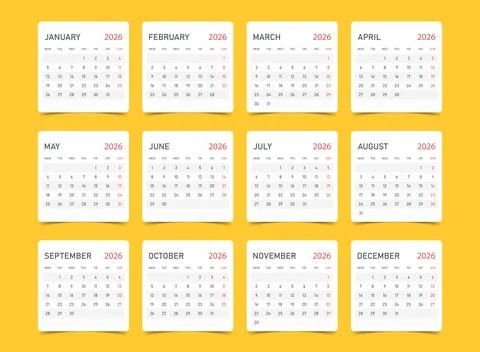 Calendar 2026 year icon in flat style. Planner vector illustration on yello.. Stock Illustration