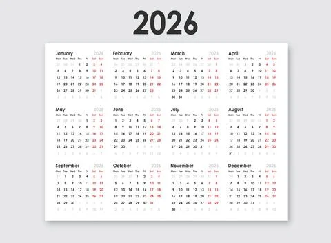Calendar 2026 year icon in flat style. Planner vector illustration on isola.. Stock Illustration