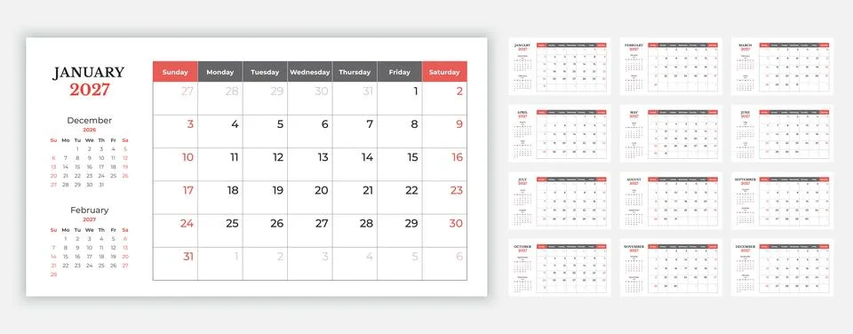 Calendar 2027, vector planner pages set, English, sunday start Ilustración de archivo