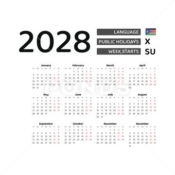 Calendar 2028 English language with South Sudan public holidays.: Royalty  Free #252182234