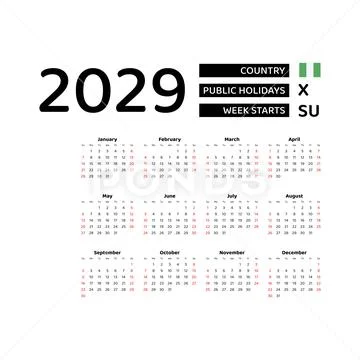 Calendar 2029 English language with Nigeria public holidays. Illustration  #261119640