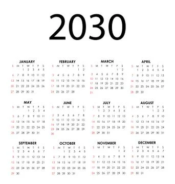 Calendar 2030 Illustrazione stock