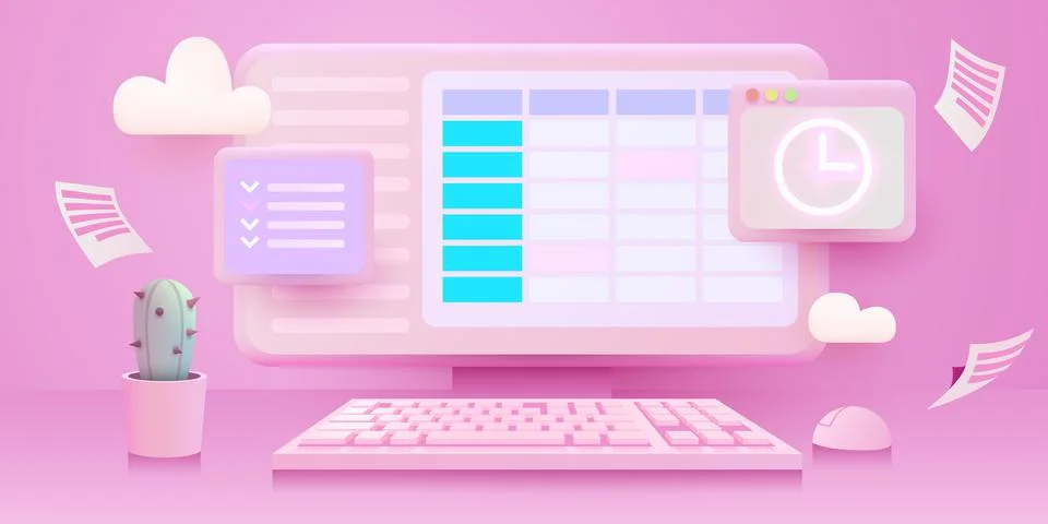 Calendar and clock on computer screen. Schedule concepts. Modern futuristic Stock Illustration