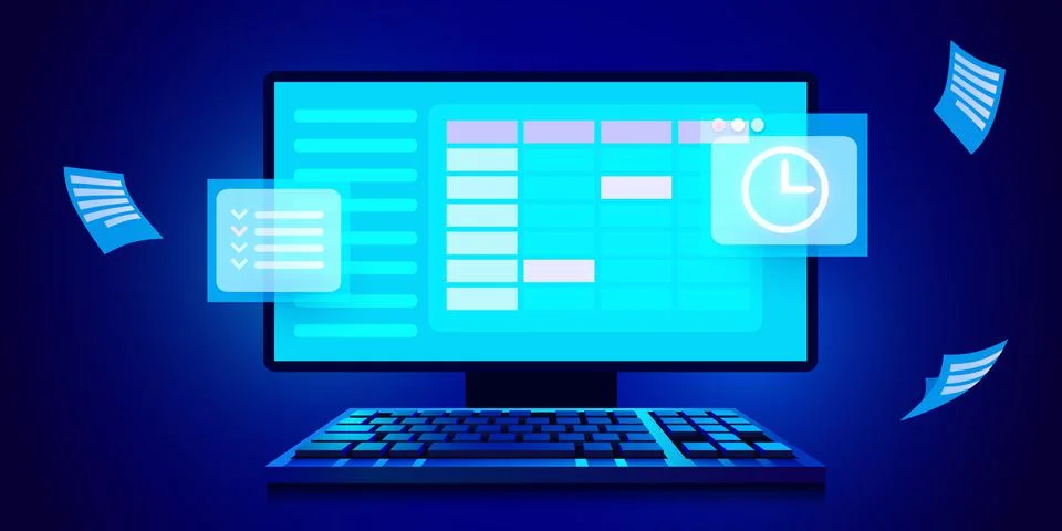 Calendar and clock on computer screen. Schedule concepts. Modern futuristic Stock Illustration