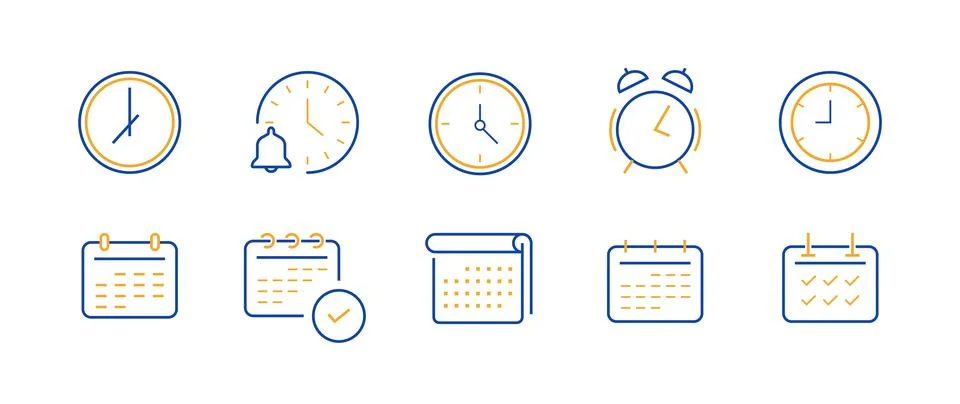 Calendar and clock Editable stroke vector icon set. Time and date symbol co.. Stockillustratie