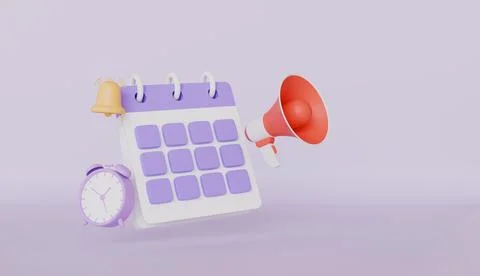 Calendar and clock with megaphone, notification bell, hand speaker Ilustración de archivo
