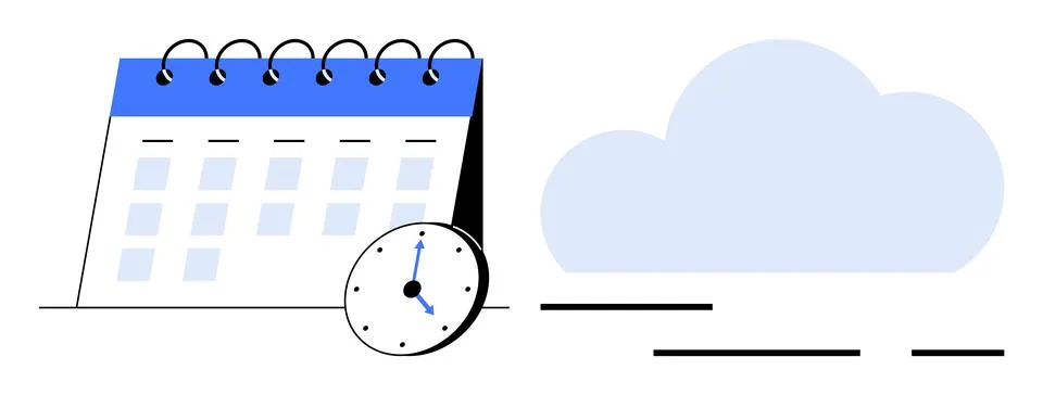 Calendar and Clock Next to Cloud Time Management Themes Visualized Stock-Illustration