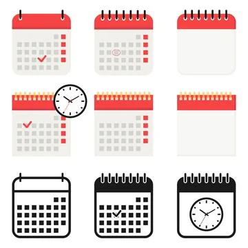 Calendar and clock vector icons set with different schedule planner element. Stock Illustration