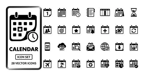 Calendar and Schedule solid icon set. Features date management, clock, alar.. Stock Illustration
