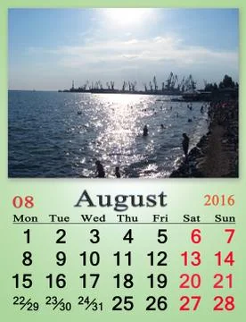 Calendar for August 2016 with image of marine landscape Stock Illustration