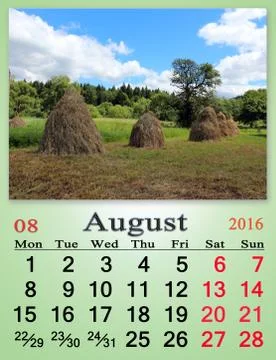 Calendar for August 2016 with stack of hay Stock Illustration